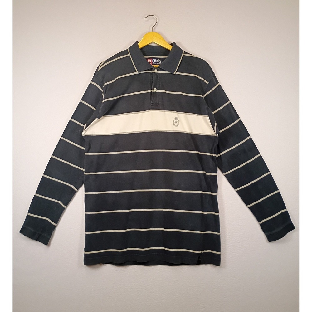 Preppy Chaps Ralph Lauren Mens Medium Navy Striped Long Sleeve Rugby Polo Shirt